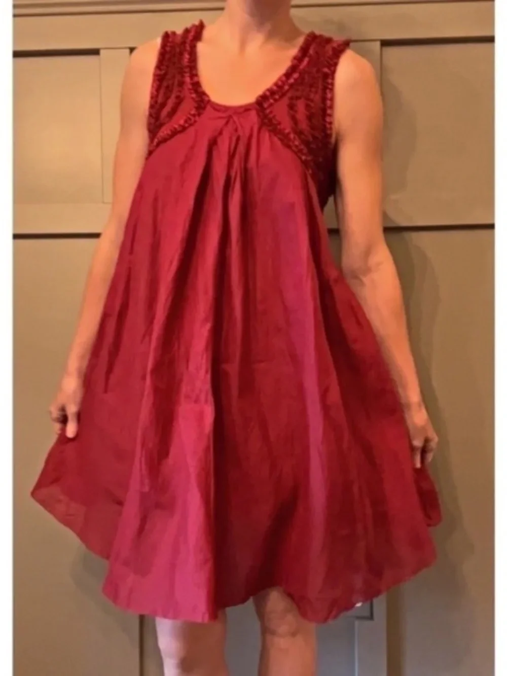 Free People Red Beaded Ruffle Dress Sleeveless Scoop Neck Keyhole Back Sz Small